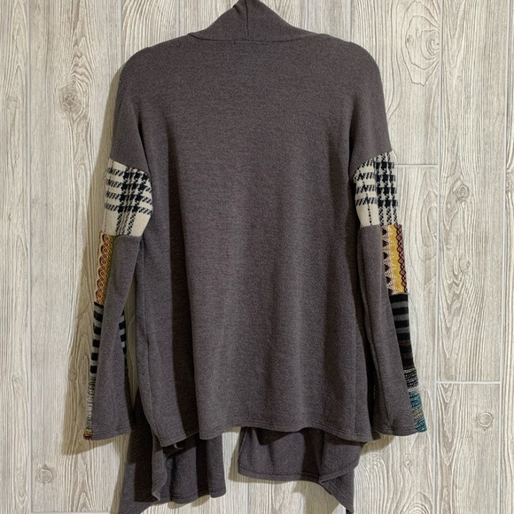 Cozy Drape Front Cardigan With Patchwork Sleeves by 12PM by Mon Ami Size LG - Picture 5 of 8